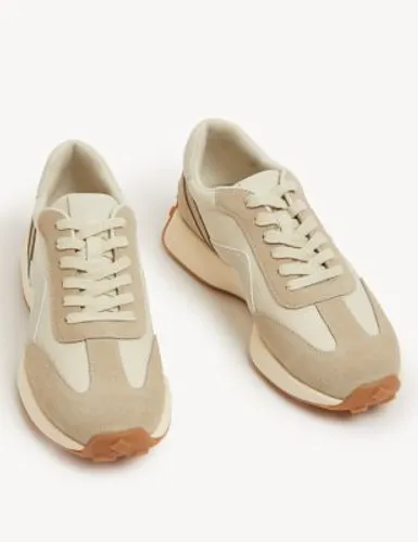 M&S Womens Leather Lace Up Side Detail Trainers - 3 - Beige, Beige,Black Mix,Green Mix