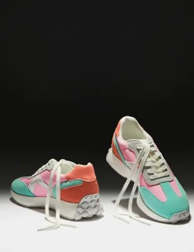 M&S Womens Leather Lace Up Side Detail Trainers - 6 - Beige, Beige,Black Mix,Air Force Blue,Multi/Pastel,Green Mix