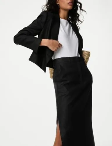 M&S Womens Linen Blend Side Split Maxi Column Skirt - 24REG - Black, Black