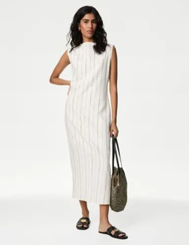 M&S Womens Linen Blend Striped Midaxi Bodycon Dress - 18REG - Ivory Mix, Ivory Mix