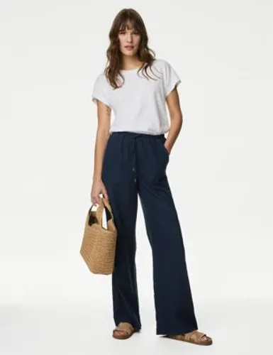 M&S Womens Linen Blend Wide Leg Trousers - 12SHT - Grey, Grey,Navy,Oatmeal,Bright Blue,Soft White,Ivory Mix,Neutral