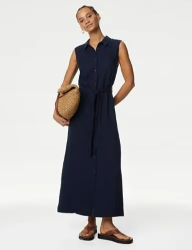 M&S Womens Linen Rich Button Through Midi Shirt Dress - 10SHT - Buff, Buff,Navy