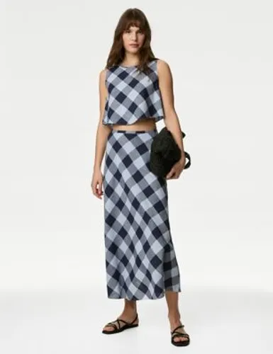 M&S Womens Linen Rich Checked Maxi A-Line Skirt - 18PET - Blue Mix, Blue Mix