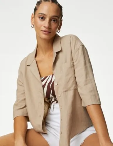 M&S Womens Linen Rich Collared Relaxed Shirt - 24 - Natural Beige, Natural Beige,White