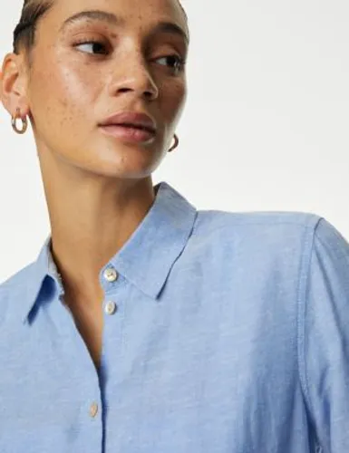 M&S Womens Linen Rich Collared Shirt - 12 - Light Chambray, Light Chambray