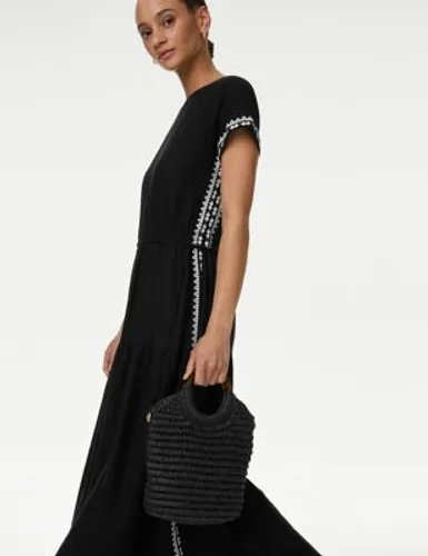 M&S Womens Linen Rich Embroidered Tie Waist Midi Dress - 10REG - Black, Black