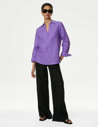 M&S Womens Linen Rich Popover Blouse - 6REG - Purple, Purple