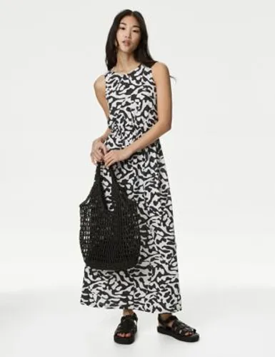 M&S Womens Linen Rich Printed Midi Waisted Dress - 12REG - Black Mix, Black Mix