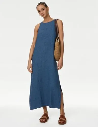 M&S Womens Linen Rich Round Neck Midi Slip Dress - 12REG - Indigo, Indigo