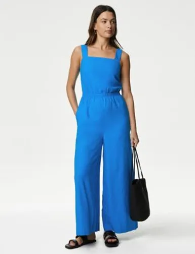 M&S Womens Linen Rich Sleeveless Jumpsuit - 18LNG - Bright Blue, Bright Blue,Black