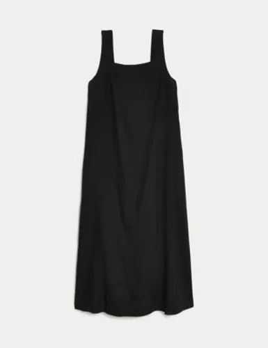 M&S Womens Linen Rich Square Neck Knee Length Dress - 10REG - Black, Black,Flame