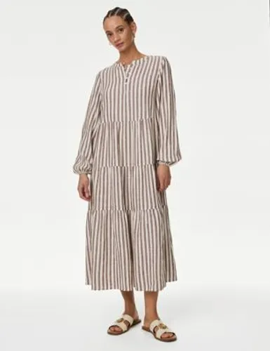 M&S Womens Linen Rich Striped V-Neck Midaxi Tiered Dress - 8REG - Conker, Conker