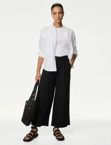 M&S Womens Linen Rich Wide Leg Cropped Trousers - 22 - Black, Black,Soft White,Navy,Flame,Medium Green,Oatmeal
