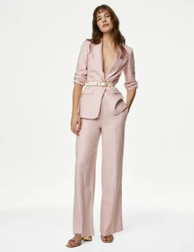 M&S Womens Linen Rich Wide Leg Trousers - 10LNG - Pink Shell, Pink Shell,Onyx