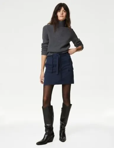 M&S Womens Lyocell™ Rich Belted Mini A-Line Skirt - 8REG - Navy, Navy,Mocha