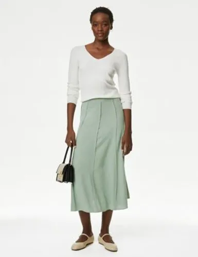 M&S Womens Panelled Midi A-Line Skirt with Linen - 12REG - Light Green, Light Green,Black