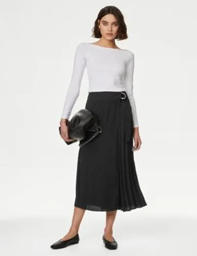 M&S Womens Pleated Wrap Detail Midaxi A-Line Skirt - 14PET - Black, Black