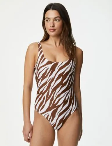 M&S Womens Printed Scoop Neck Swimsuit - 18REG - Brown Mix, Brown Mix,Brown,Black Mix,Flame