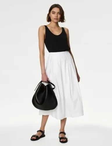 M&S Womens Pure Cotton Box Pleat Midaxi A-Line Skirt - 12PET - Soft White, Soft White