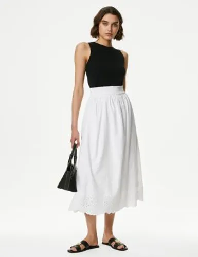 M&S Womens Pure Cotton Broderie Midi Skirt - 8PET - White, White,Green Mix
