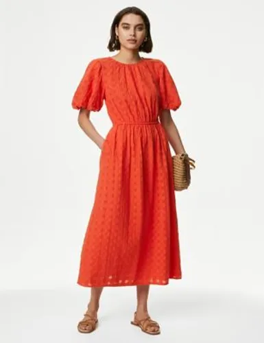 M&S Womens Pure Cotton Checked Midi Waisted Dress - 12REG - Orange, Orange