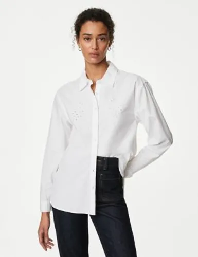 M&S Womens Pure Cotton Cutwork Detail Shirt - 14REG - Soft White, Soft White