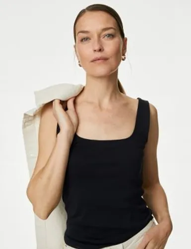 M&S Womens Pure Cotton Fitted Vest - 8 - Black, Black,Soft White