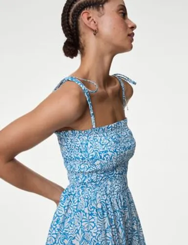 M&S Womens Pure Cotton Floral Shirred Midi Beach Dress - 16 - Bright Blue Mix, Bright Blue Mix