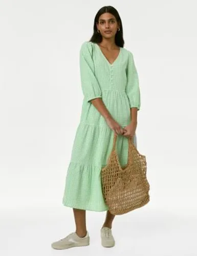 M&S Womens Pure Cotton Gingham Midi Tiered Dress - 10REG - Green Mix, Green Mix