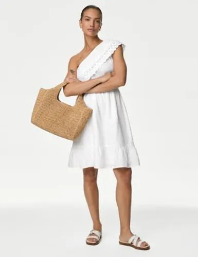 M&S Womens Pure Cotton One Shoulder Mini Beach Dress - 16 - Soft White, Soft White,Black
