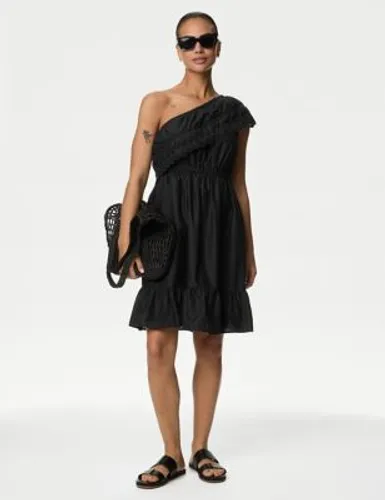 M&S Womens Pure Cotton One Shoulder Mini Beach Dress - 24 - Black, Black,Soft White