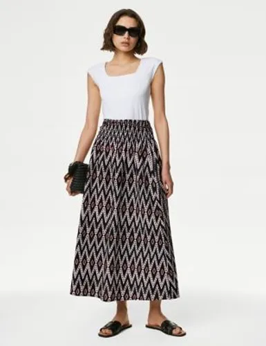 M&S Womens Pure Cotton Printed Midi A-Line Skirt - 16PET - Black Mix, Black Mix