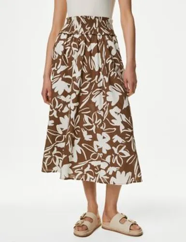 M&S Womens Pure Cotton Printed Pleated Midi Skirt - 8REG - Brown Mix, Brown Mix