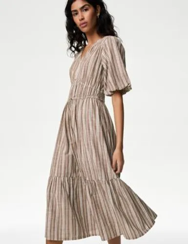 M&S Womens Pure Cotton Printed V-Neck Tiered Midi Dress - 12REG - Brown Mix, Brown Mix,Ivory Mix,Navy Mix