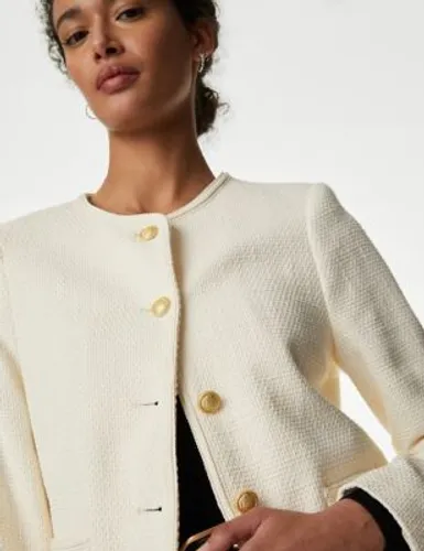 M&S Womens Pure Cotton Tweed Collarless Short Jacket - 8 - Ivory, Ivory,Dark Navy