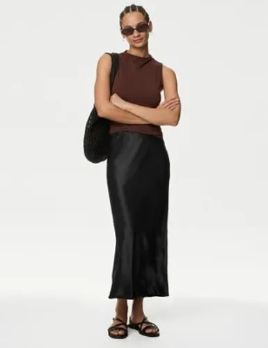 M&S Womens Satin Midaxi Slip Skirt - 10LNG - Black, Black