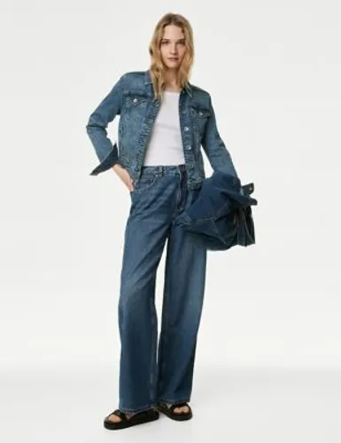 M&S Womens Slouchy Mid Rise Wide Leg Jeans - 12REG - Medium Indigo, Medium Indigo,Light Indigo