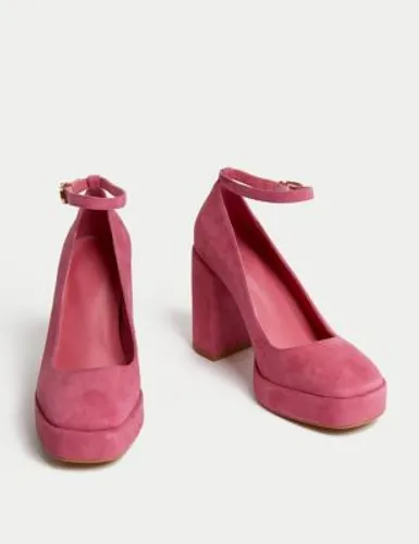 M&S Womens Suede Ankle Strap Platform Heels - 4 - Pink, Pink