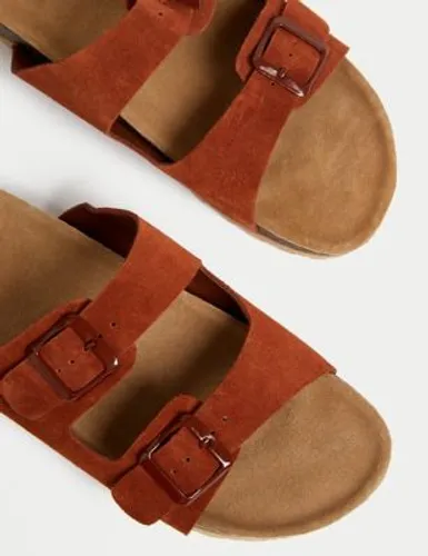 M&S Womens Suede Buckle Footbed Mules - 4 - Terracotta, Terracotta,Black