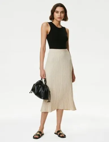 M&S Womens Textured Knitted Midi Skirt - XS - Beige, Beige,Black