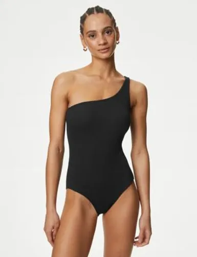 M&S Womens Textured One Shoulder Swimsuit - 10 - Black, Black,Medium Green