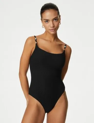 M&S Womens Textured Scoop Neck Swimsuit - 12 - Black, Black,Ivory