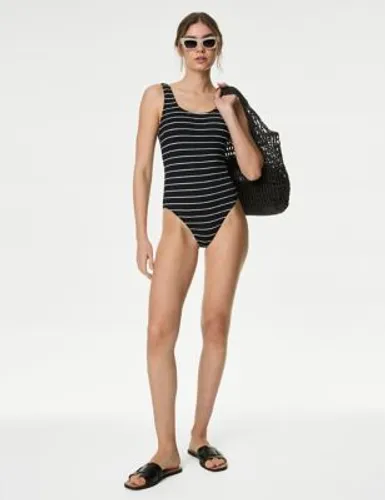 M&S Womens Textured Striped Padded Scoop Neck Swimsuit - 12REG - Black Mix, Black Mix