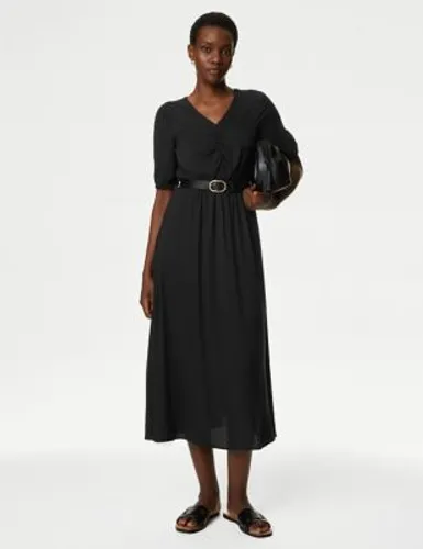 M&S Womens V-Neck Puff Sleeve Midi Waisted Dress - 16REG - Black, Black