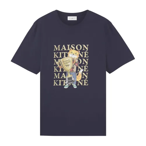 Maison Kitsuné , Blue Logo T-Shirt, Crew-Neck, Short Sleeve ,Blue male, Sizes: