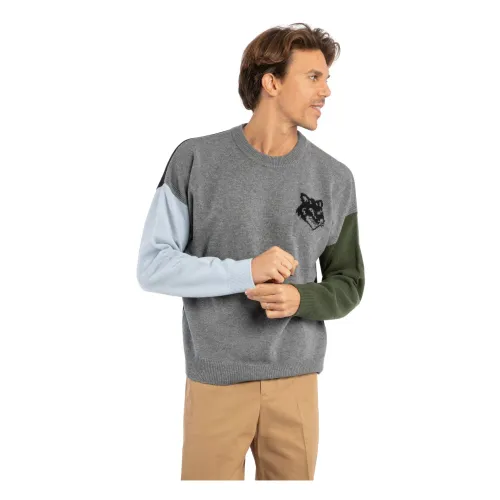 Maison Kitsuné , Color Block Fox Head Sweaters ,Gray male, Sizes: