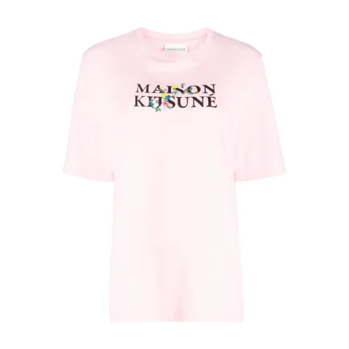 Maison Kitsuné , Pale Pink Flowers Print Logo Tee ,Pink female, Sizes: