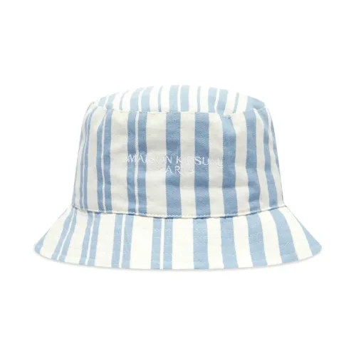 Maison Kitsuné , Striped Bucket Hat with Embroidered Logo ,Blue male, Sizes: ONE