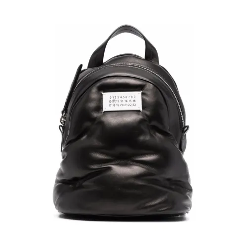 Maison Margiela , Black Leather Backpack with Front Logo ,Black male, Sizes: ONE SIZE