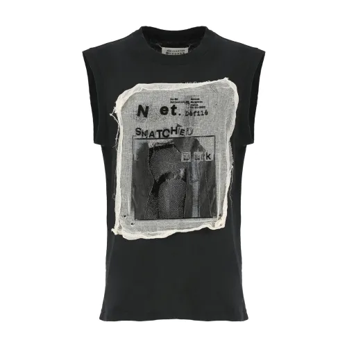 Maison Margiela , Black Sleeveless Cotton T-shirt with Contrasting Print ,Black female, Sizes: